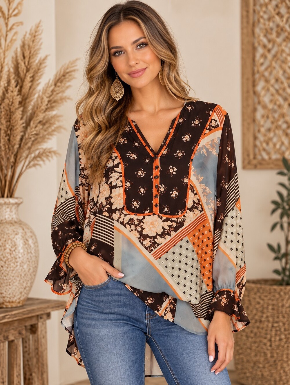 Johnny Was Roslyn Patchwork Floral V-Neck Blouse in Brown